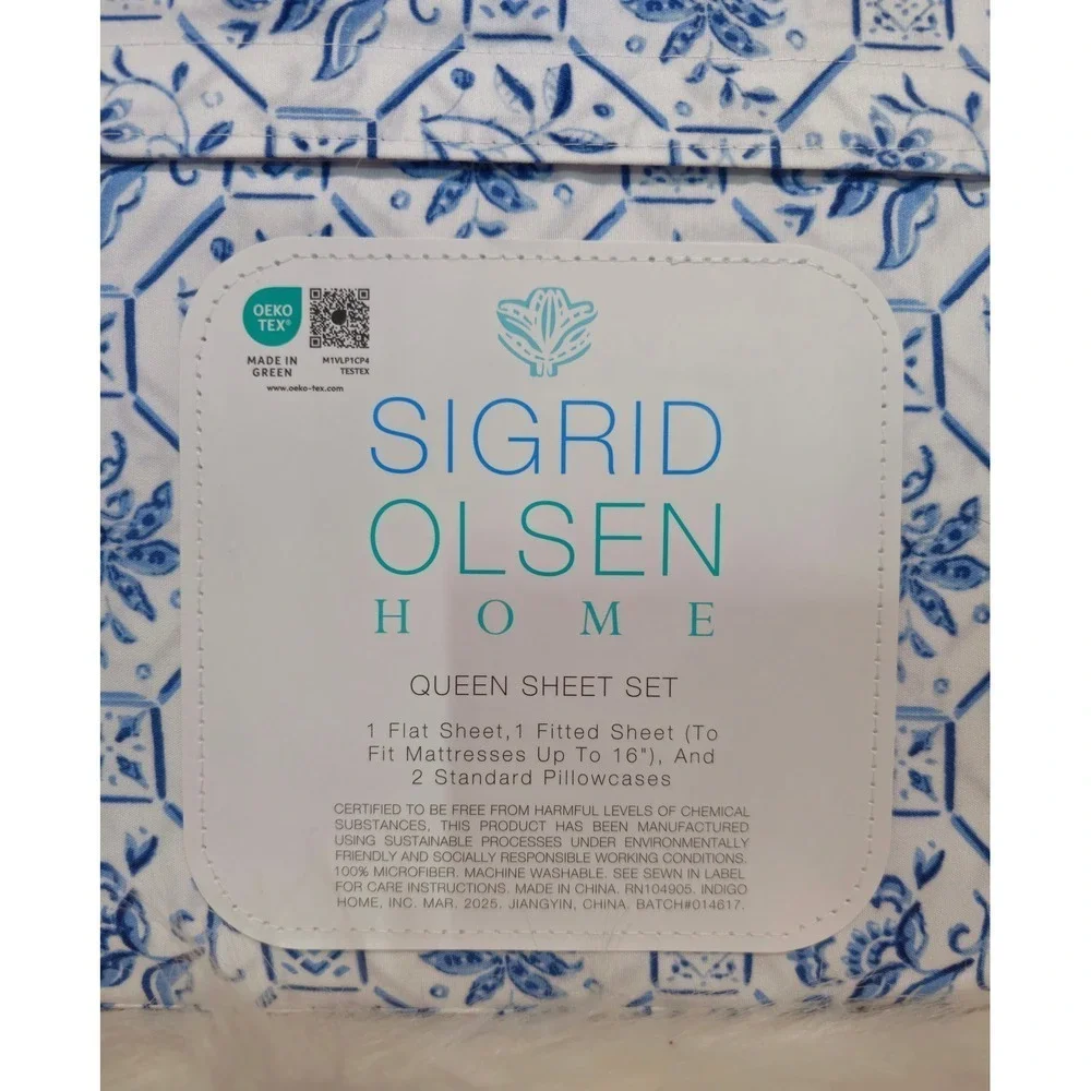 Sigrid Olsen‎ Home Queen Sheet Set Blue White Floral Tile NWT